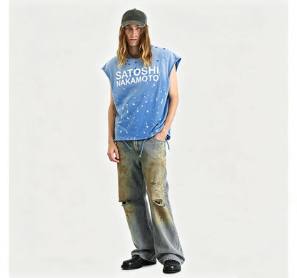 Satoshi Nakamoto Luke Destroyed Sleeveless Tee Splatter Paint Distressed Washed Heavyweight Cotton Vest Streetwear Tank Top | Ink Wreck