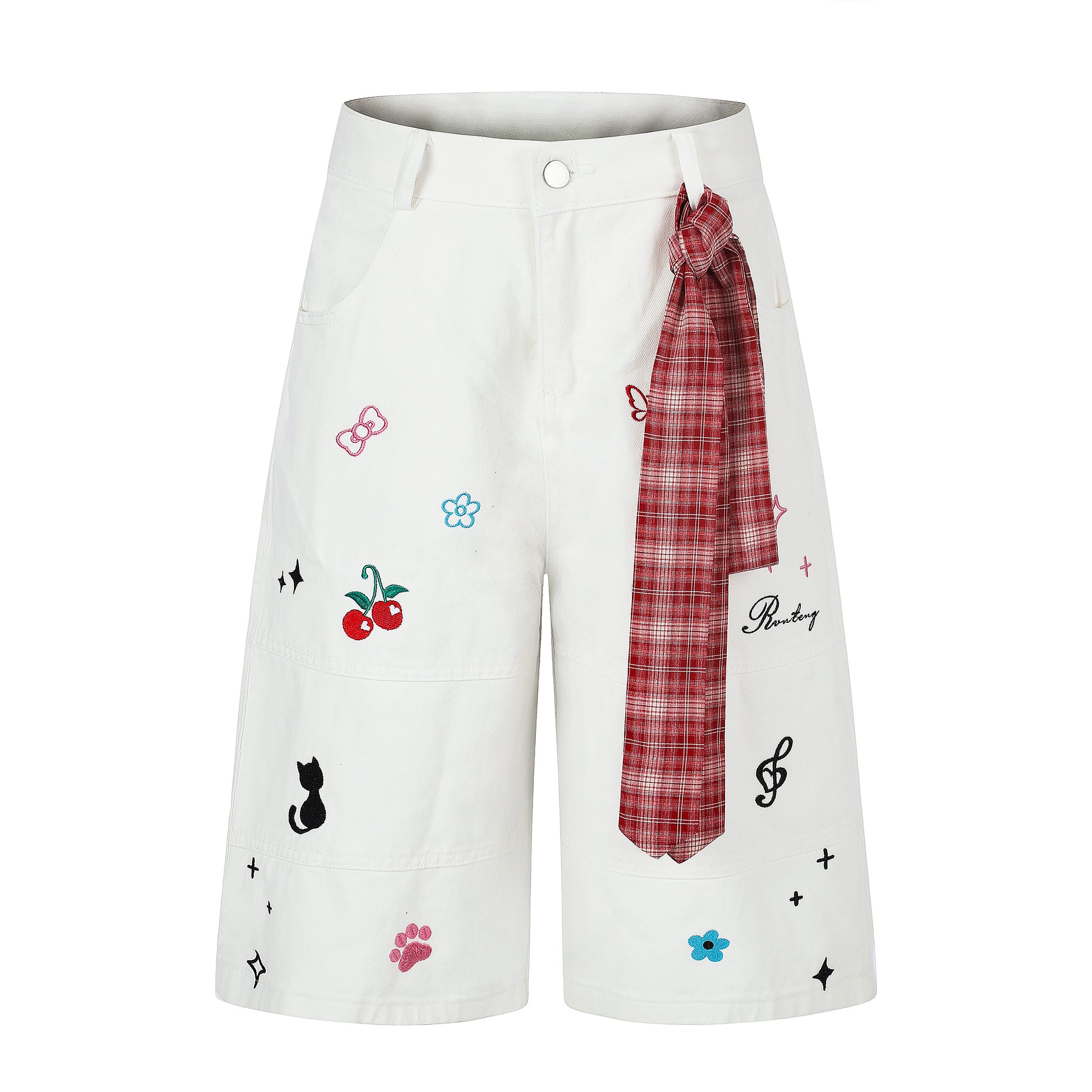 Women's Cute Embroidery Wide Leg Denim Shorts - Pink Front View