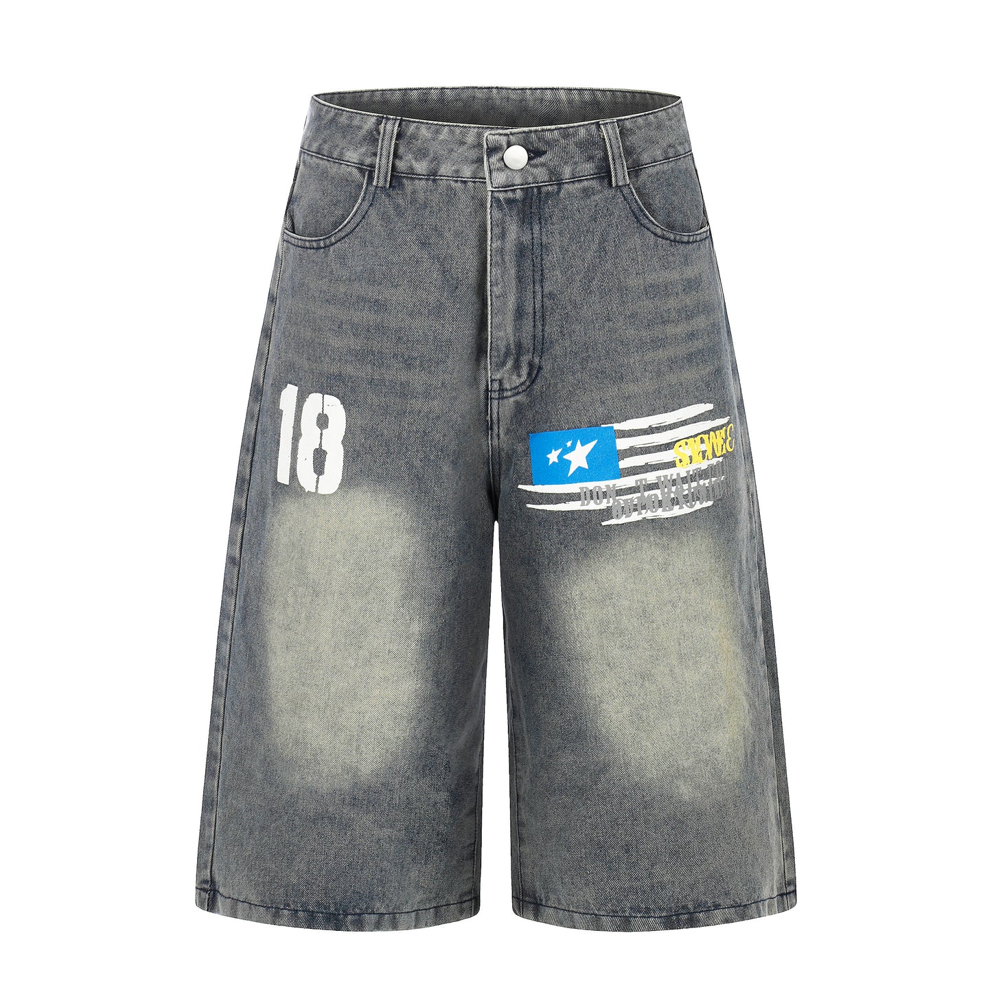 Number 18 Star Flag Print Wide Leg Denim Shorts - Front