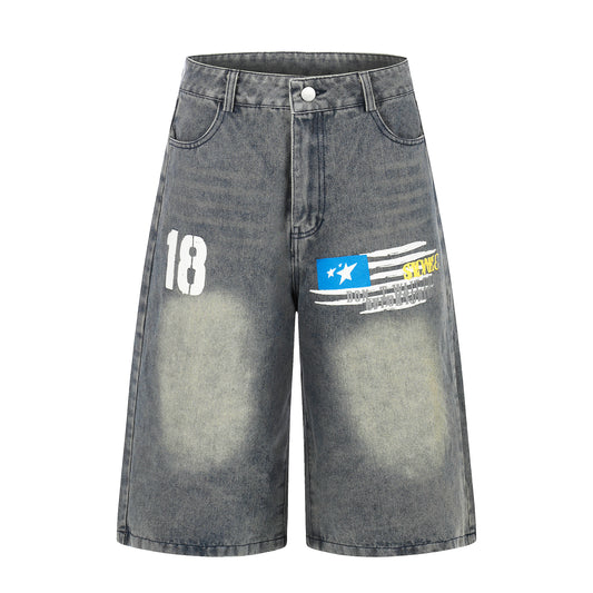 Number 18 Star Flag Print Wide Leg Denim Shorts - Front