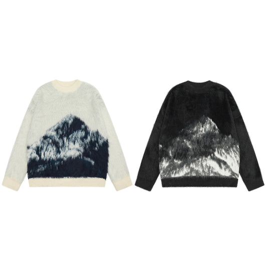 Mountain jacquard fuzzy knit sweater white - back