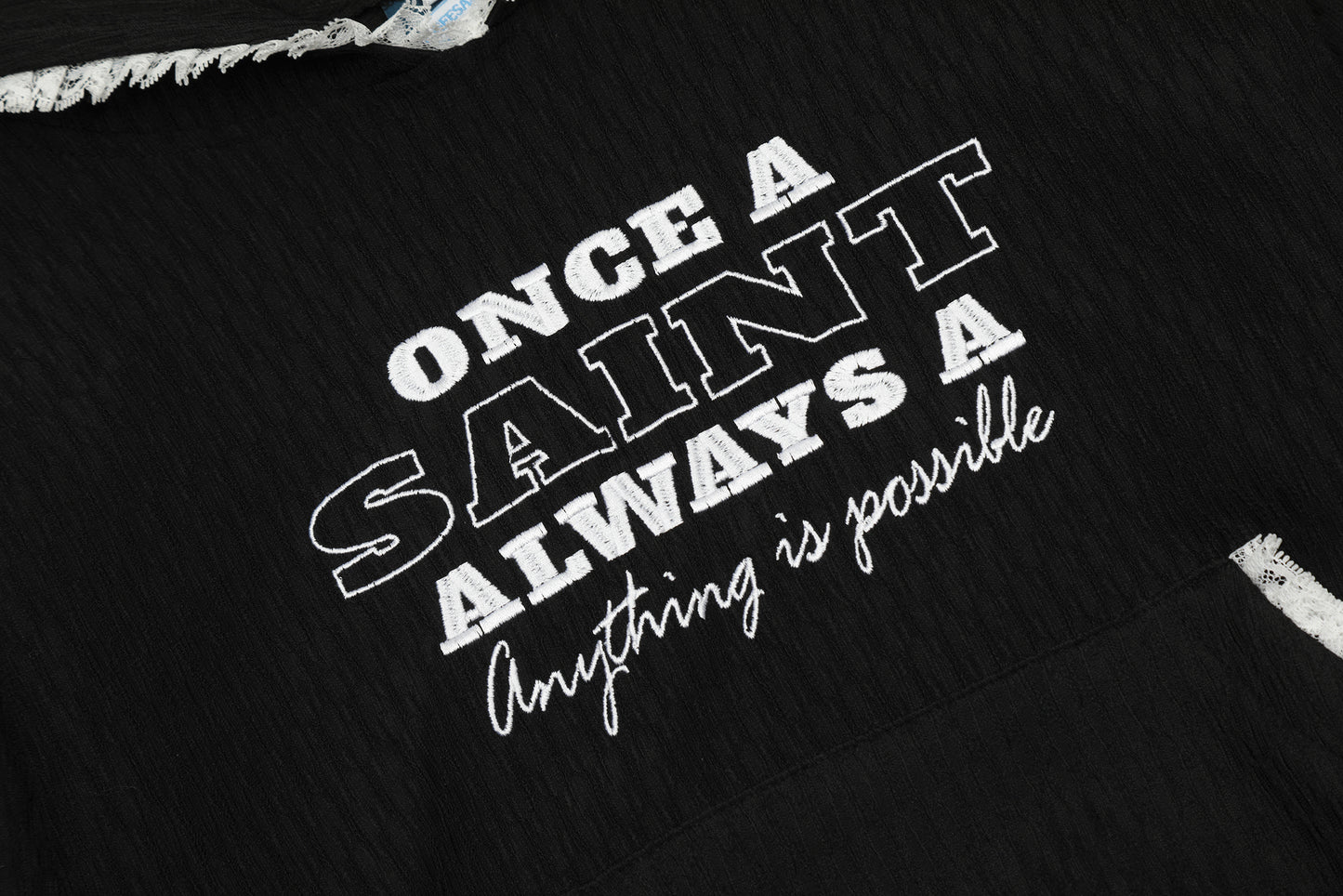 Once A Saint Graphic Cropped Hoodie Side Stripe Lace Trim Streetwear Y2K Casual Sweatshirt | Saint Crop