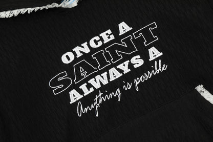 Once A Saint Graphic Cropped Hoodie Side Stripe Lace Trim Streetwear Y2K Casual Sweatshirt | Saint Crop