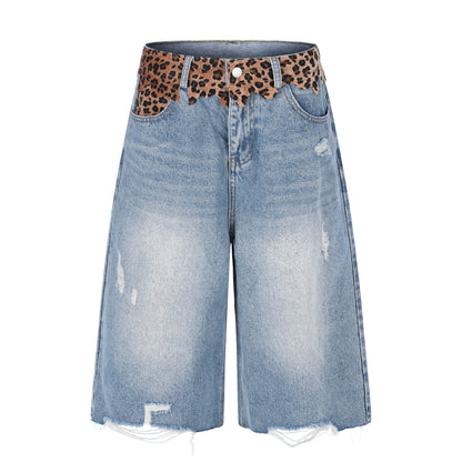 Women's Leopard Print Waistband Wide Leg Distressed Denim Shorts Raw Hem High Waist Casual Summer Jean Shorts
