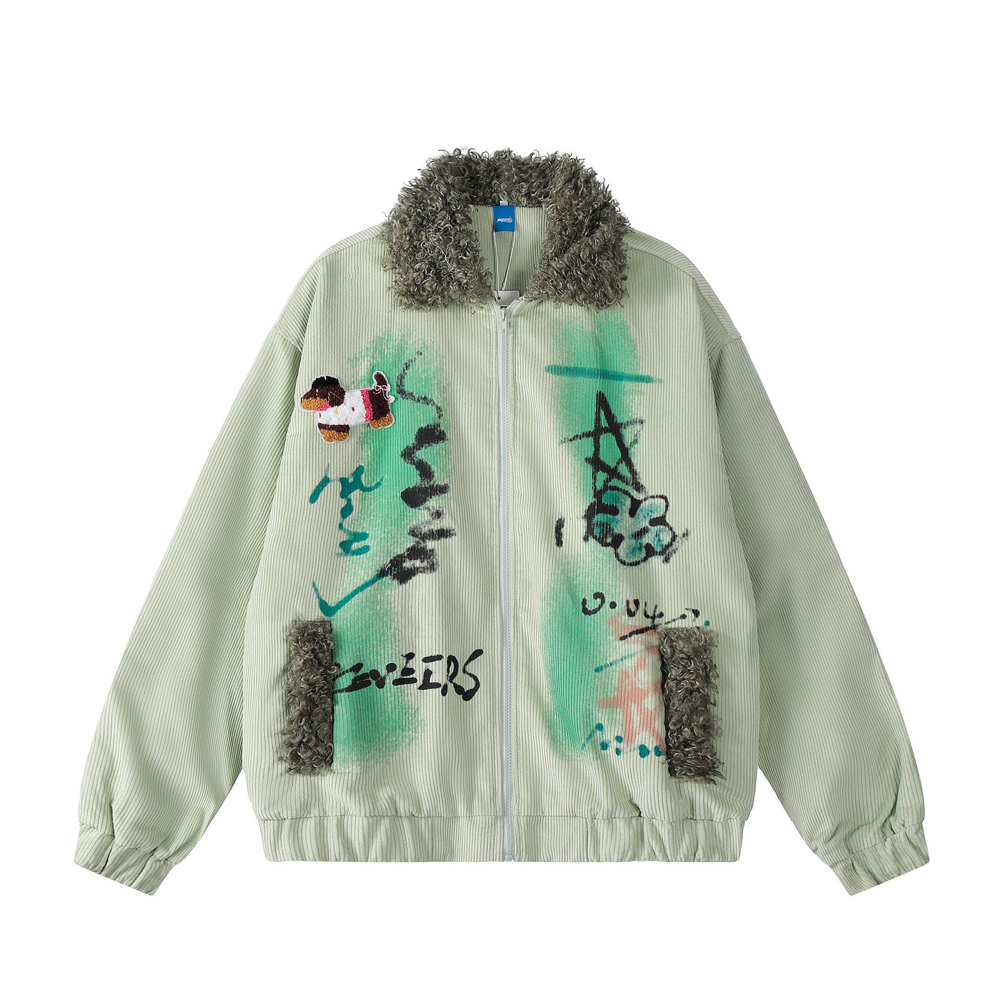 Seveers Graffiti Dog Patch Curly Fur Collar Corduroy Bomber - Gray Back