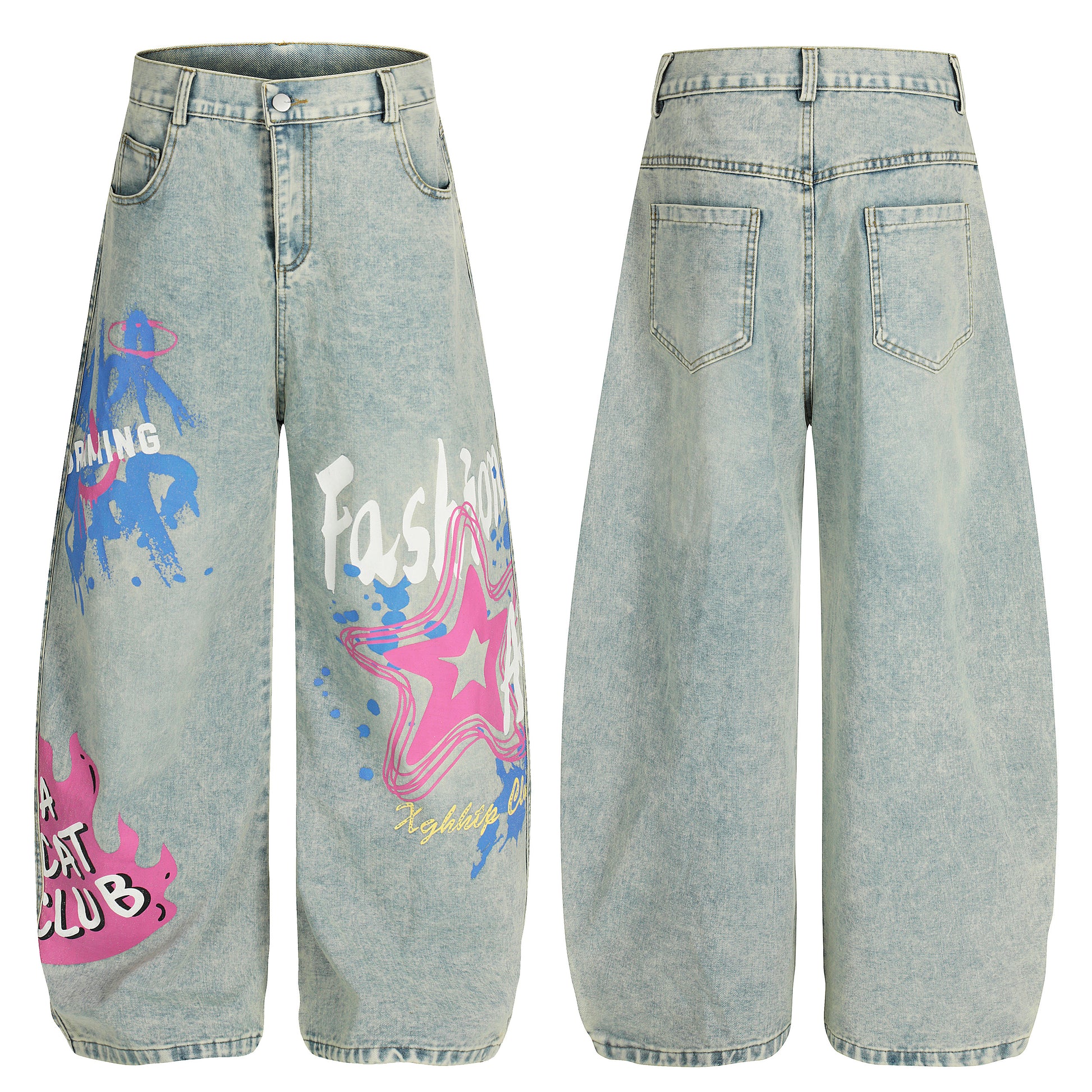Star graffiti barrel leg jeans light blue - front and back