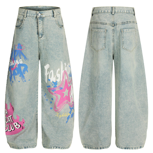 Star graffiti barrel leg jeans light blue - front and back