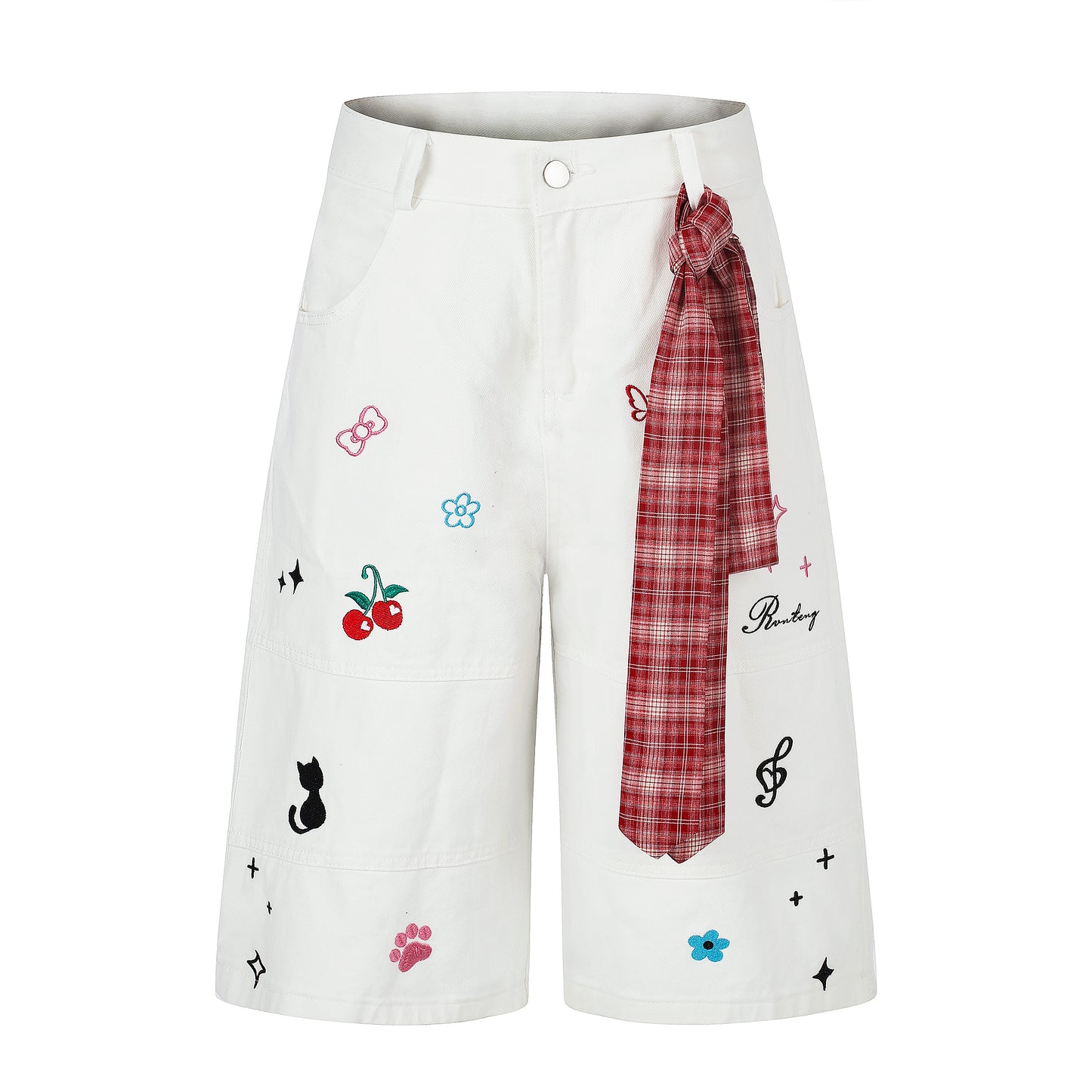 Women's Cute Embroidery Plaid Tie Wide Leg Denim Shorts High Waist Cherry Cat Bow Casual Sweet Streetwear Jean Shorts