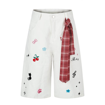 Women's Cute Embroidery Plaid Tie Wide Leg Denim Shorts High Waist Cherry Cat Bow Casual Sweet Streetwear Jean Shorts