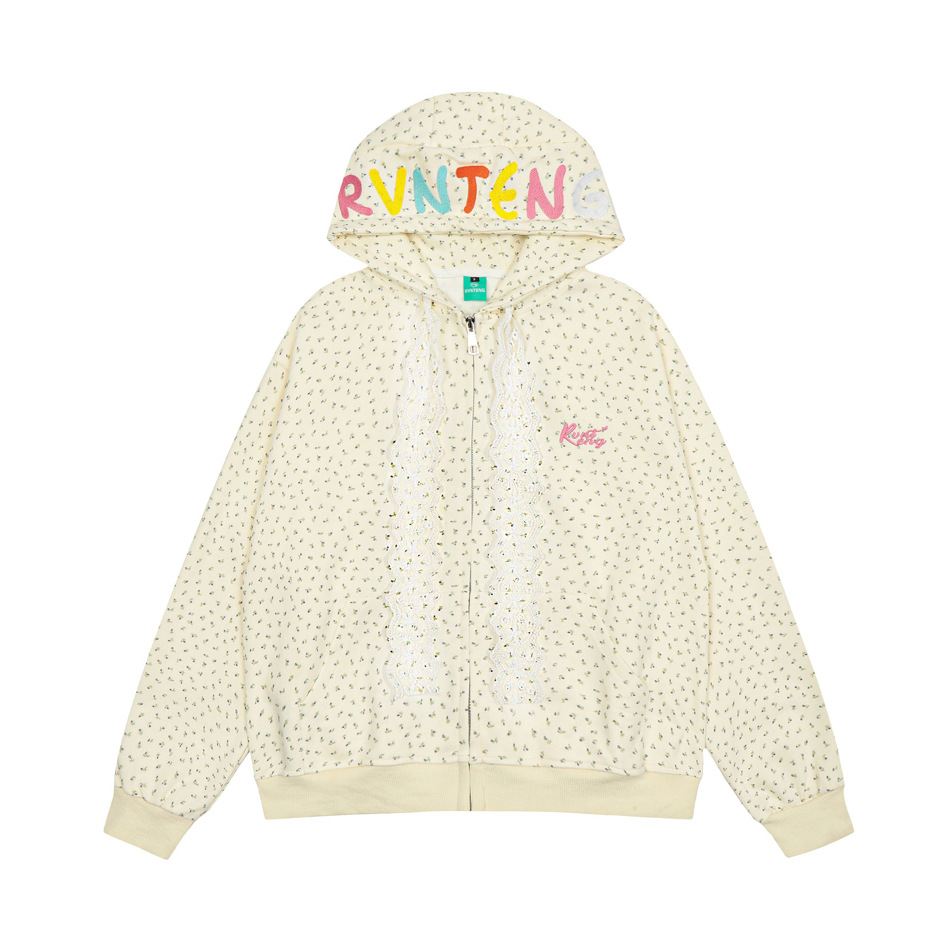 Women's RVNTENG Rainbow Letter Lace Trim Full Zip Hoodie - Apricot Back View