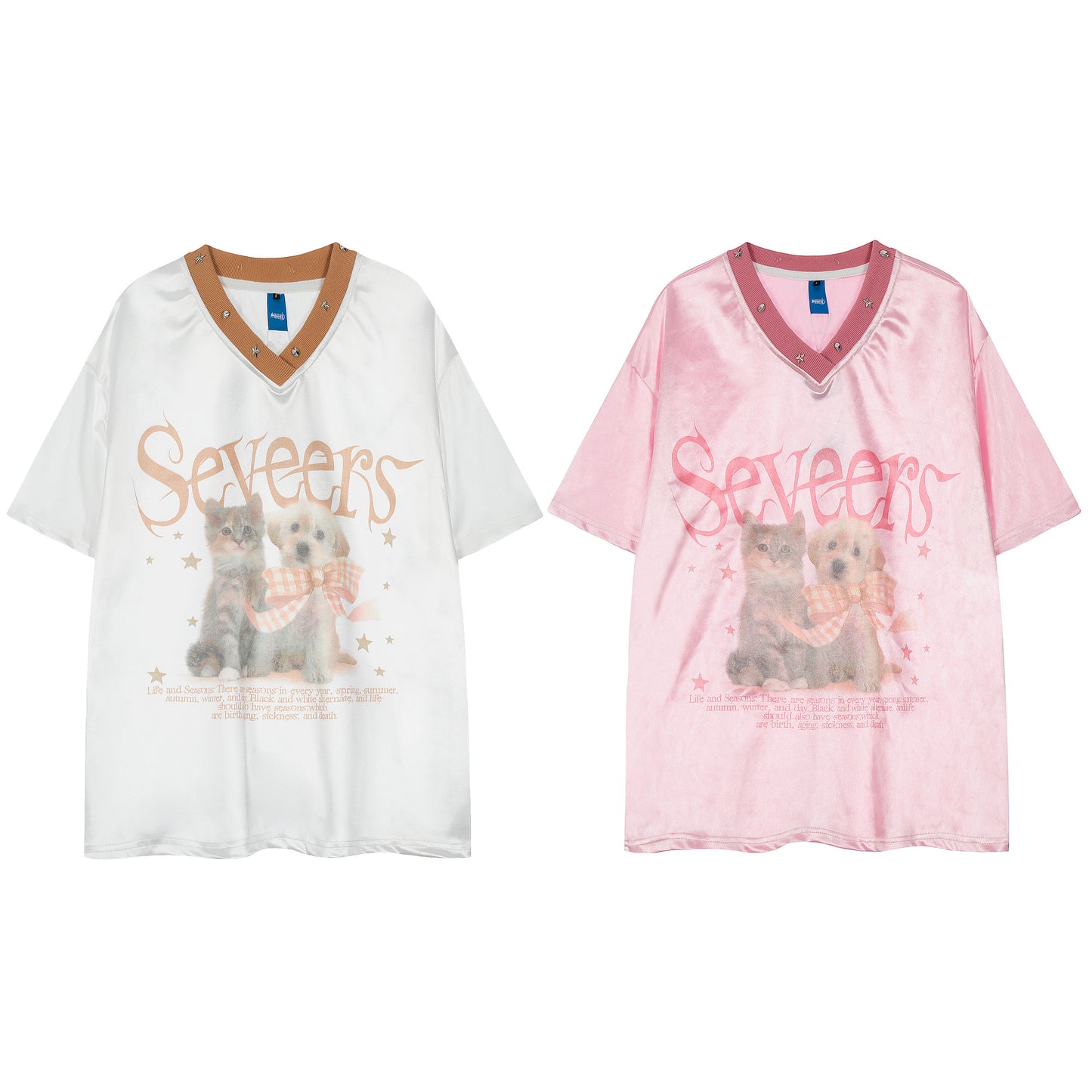 Seveers Cat Dog Print V-Neck Tee - White and Pink Side by Side Front