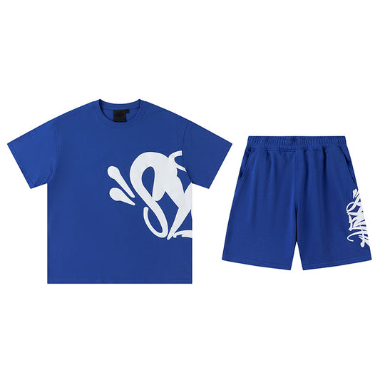 Blue unisex graphic T-shirt and shorts set with crewneck top, elastic waist shorts, and side pockets - view 2