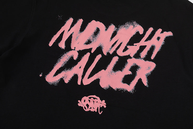 Black unisex graphic T-shirt with pink and white masked face print, crew neck, and short sleeves - view 2