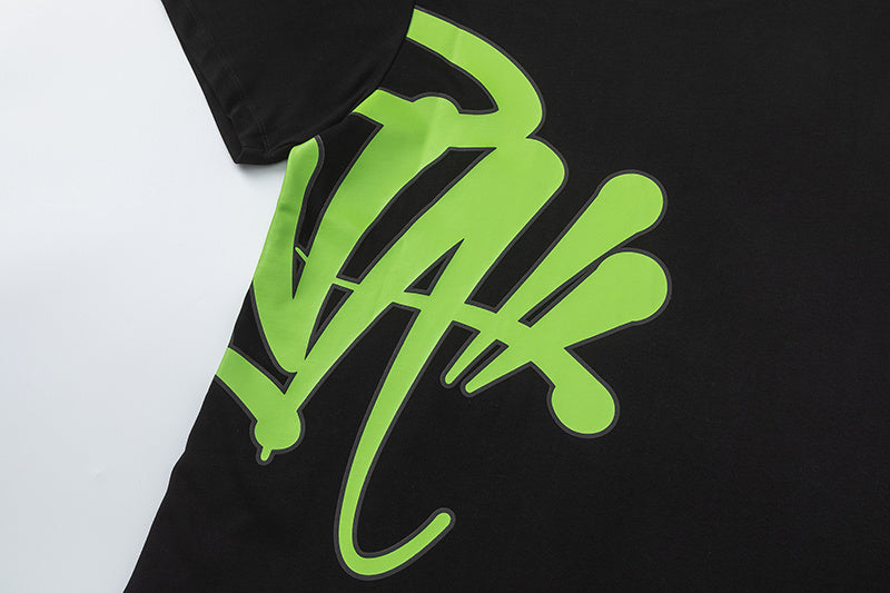 Black short sleeve crewneck T-shirt with oversized neon green graffiti-style front graphic - view 2