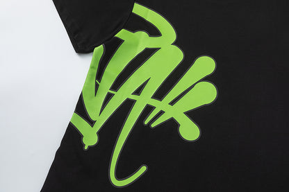 Black and Neon Green Graffiti Graphic Crewneck Short Sleeve Streetwear T-Shirt