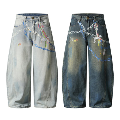 Graphic Chain Print Wide Leg Baggy Jeans Washed Denim High Waist Streetwear Y2K Casual Pants