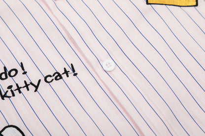 Hello Kitty Stripe Short Sleeve Shirt Oversized Button Down Kawaii Graphic Cute Y2K Casual Summer Top | Kitty Stripe