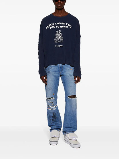 Eternal Life Graphic Print Long Sleeve Waffle Knit Oversized Tee Jesus Loves You Navy Streetwear Top | Eternal Navy