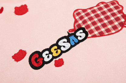 Geesas Plaid Cat Graphic Embroidered Heart Tee Oversized Short Sleeve Cute Kawaii Streetwear Y2K Summer T-Shirt | Kitty Heart