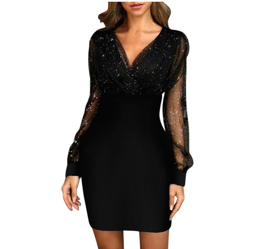 Mesh-Kleid mit V-Ausschnitt und Pailletten, schmales, sexy Kleid auf Lager