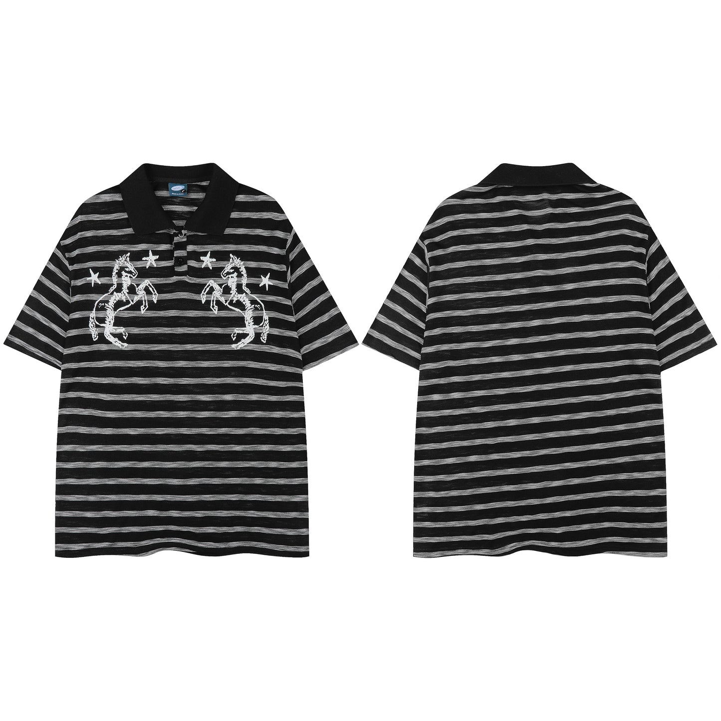 Twin Stallion Stripe Polo Black Front Detail