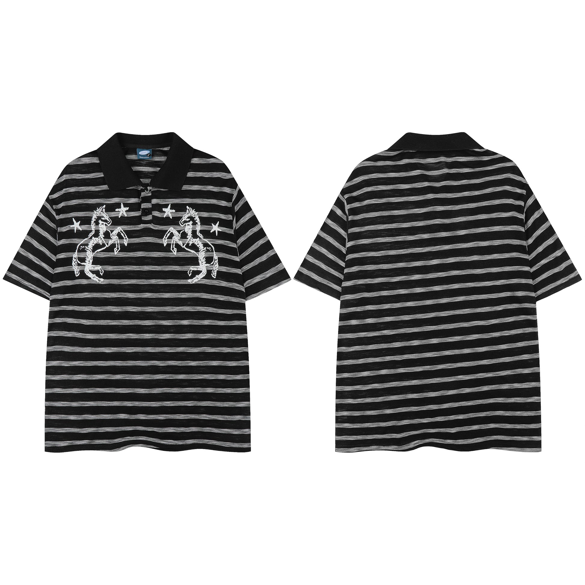 Twin Stallion Stripe Polo Black Front Detail