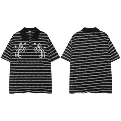 Twin Stallion Star Embroidery Stripe Polo Short Sleeve Oversized Streetwear Y2K Vintage Cotton Knit Top | Twin Stallion