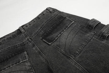 Women's Multi-Pocket Buckle Strap Distressed Denim Shorts High Waist Wide Leg Raw Hem Casual Streetwear Jean Shorts
