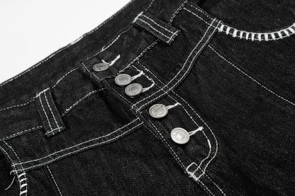 Women's Contrast Stitch 5-Button High Waist Wide Leg Denim Shorts Distressed Bermuda Y2K Streetwear Jean Shorts