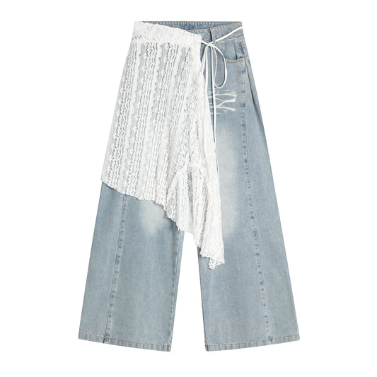 White Lace Crochet Patchwork Wide Leg Jeans - Light Blue Front