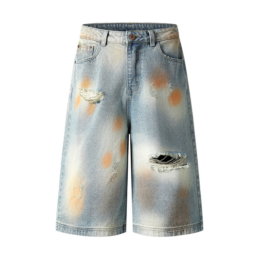 Tie-Dye Distressed Ripped Denim Shorts Wide Leg High Waist Washed Streetwear Summer Casual Jean Shorts | Rust Bloom