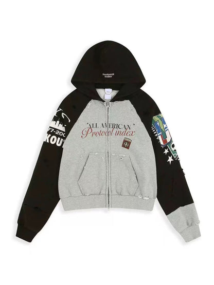 Protocol Index All American Football Print Raglan Zip Hoodie Distressed Washed Embroidered Streetwear | Grid Raglan