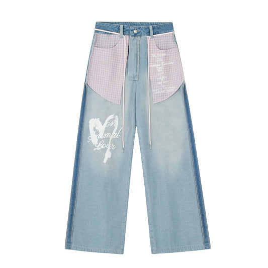 Pink Stripe Patchwork Heart Print Wide Leg Jeans - Light Blue Back