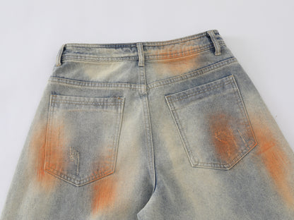 Tie Dye Orange Splash Wide Leg Baggy Jeans Washed Denim High Waist Streetwear Y2K Casual Pants