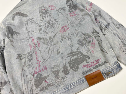Represent Sketch Allover Print Denim Jacket Heavy Washed Distressed Oversized Short Trucker Streetwear | Rept Sketch