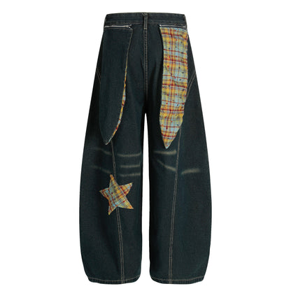 Women's Rvnteng Plaid Star Applique Patch Balloon Wide Leg Denim Jeans High Waist Vintage Wash Y2K Streetwear Baggy Jean Pants