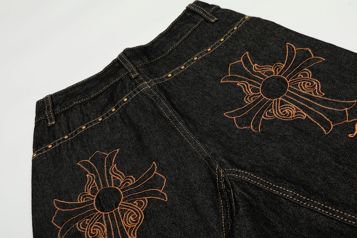 Gothic Cross Forever Embroidery Leopard Pocket Wide Leg Barrel Jeans High Waist Y2K Streetwear Denim