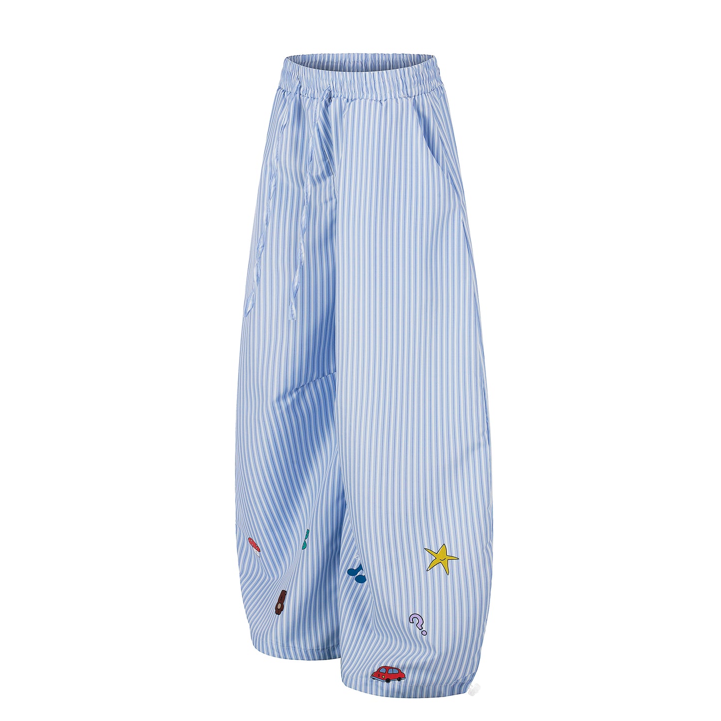 Women's Cartoon Embroidery Pinstripe Elastic Waist Balloon Wide Leg Pants High Waist Casual Summer Trousers