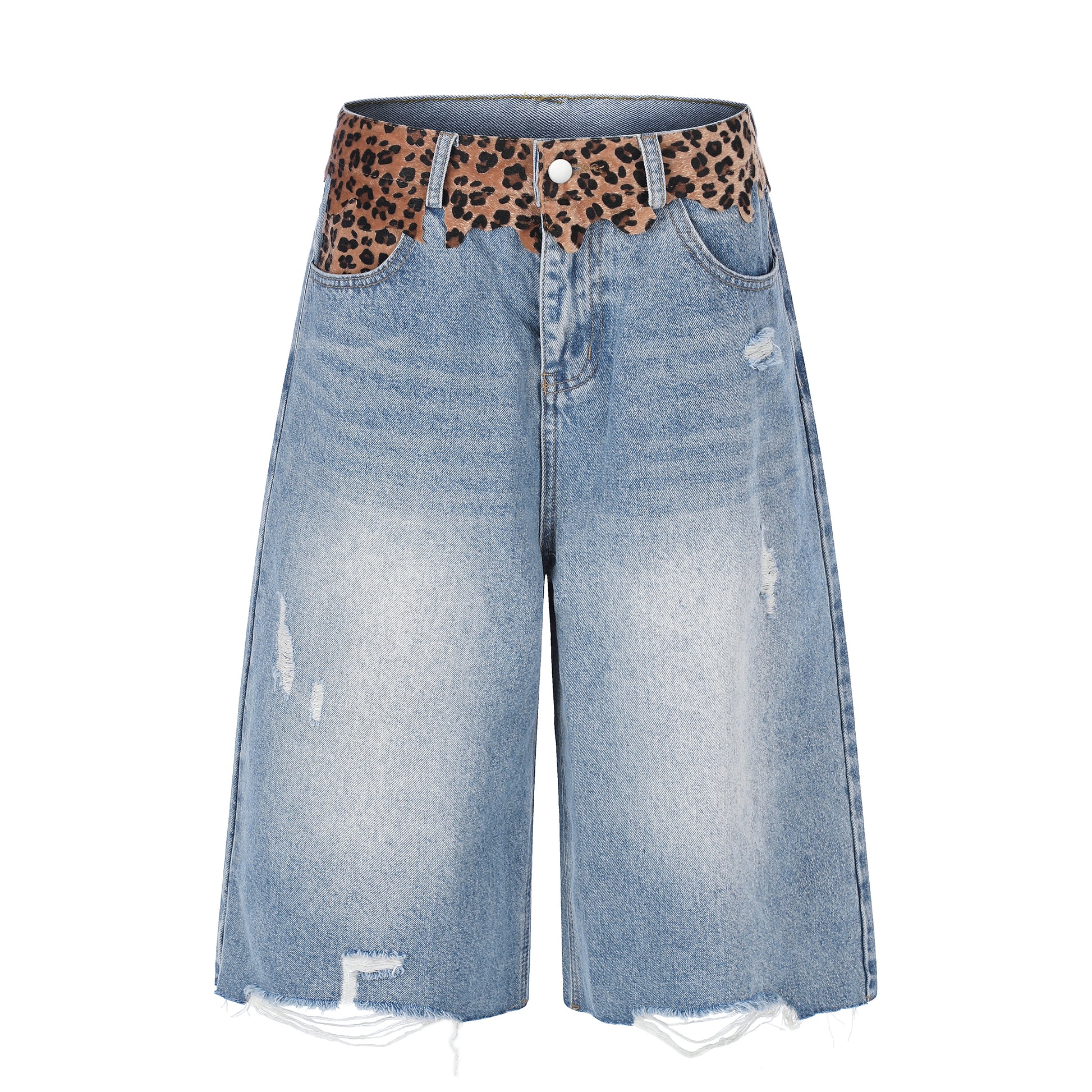 Women's Leopard Waistband Wide Leg Denim Shorts - Front View 2