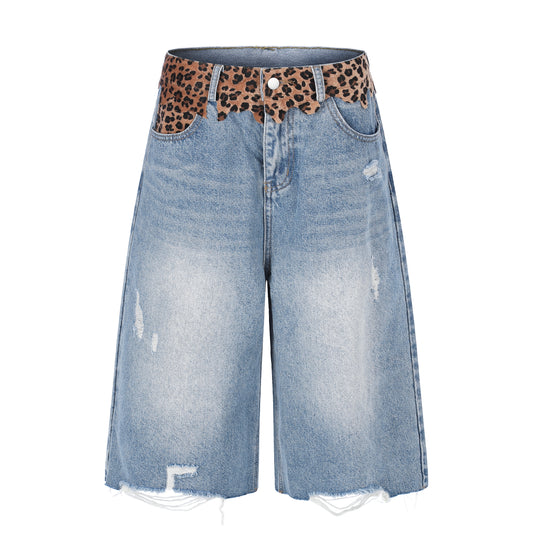 Women's Leopard Waistband Wide Leg Denim Shorts - Front View 2
