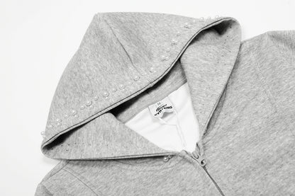 Women's RvntTeng Pearl Studded Hood Pocket Full Zip Hoodie Sweatshirt Long Sleeve Casual Streetwear Jacket