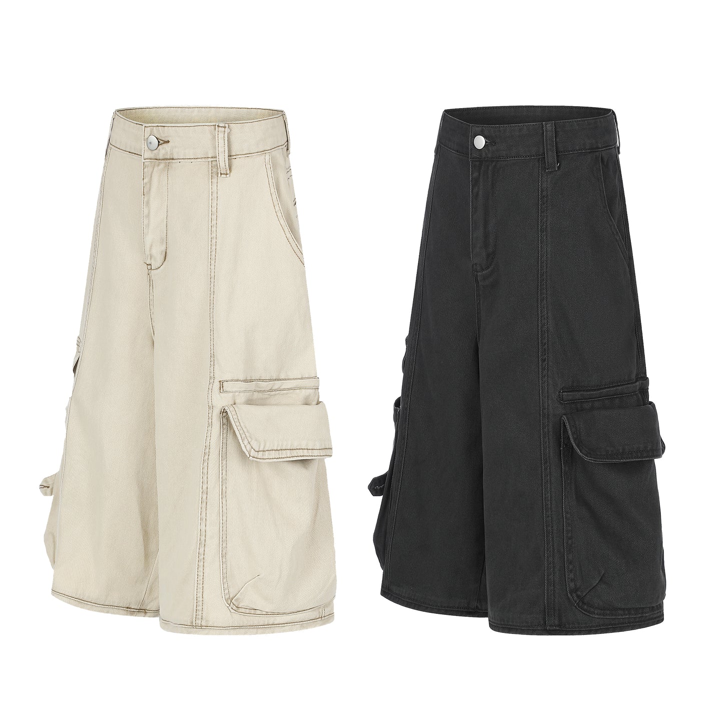 Women's Multi-Pocket Cargo Wide Leg Denim Shorts - Khaki & Black Comparison
