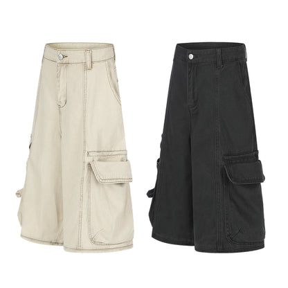 Women's Multi-Pocket Cargo Wide Leg Denim Shorts High Waist Contrast Stitch Casual Streetwear Jean Shorts