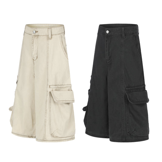 Women's Multi-Pocket Cargo Wide Leg Denim Shorts - Khaki & Black Comparison