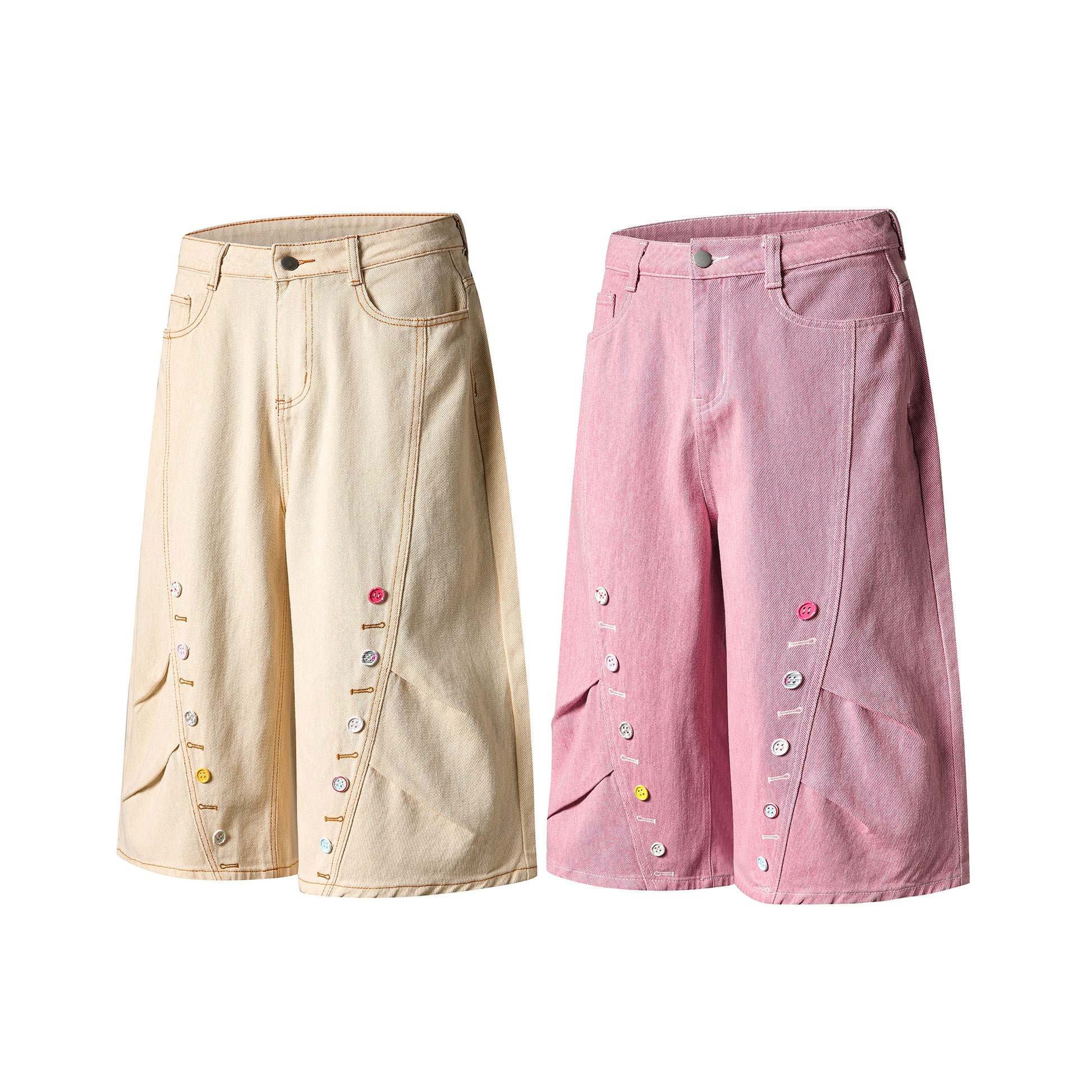 Button Row Wide Leg Denim Shorts - Beige Front