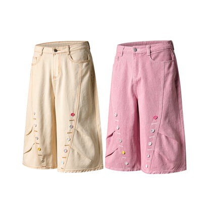 Colorful Button Embellished Wide Leg Denim Shorts Arc Seam Detail High Waist Casual Streetwear Baggy Jean Shorts | Button Row