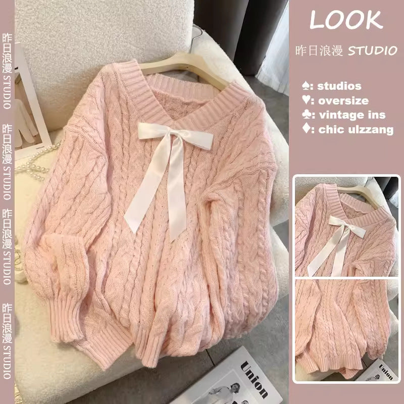 Gentle milk sweet pink loose v-neck lazy wind twist pullover women autumn and winter thickened sweater outer wear