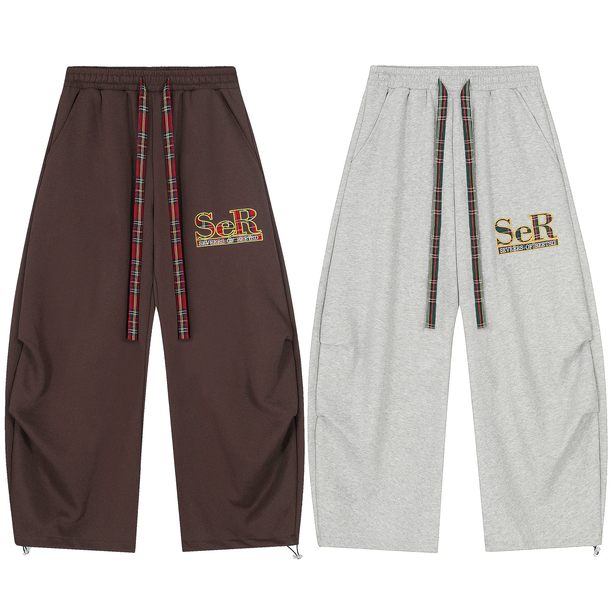 SeR Plaid Drawstring Wide Leg Sweatpants - Brown Front