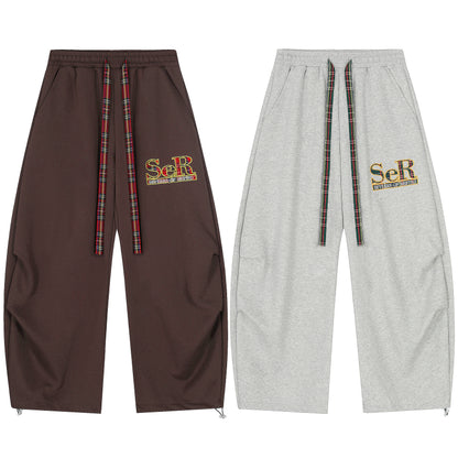 SeR Plaid Drawstring Wide Leg Sweatpants Elastic Waist Zip Hem Streetwear Casual Pants