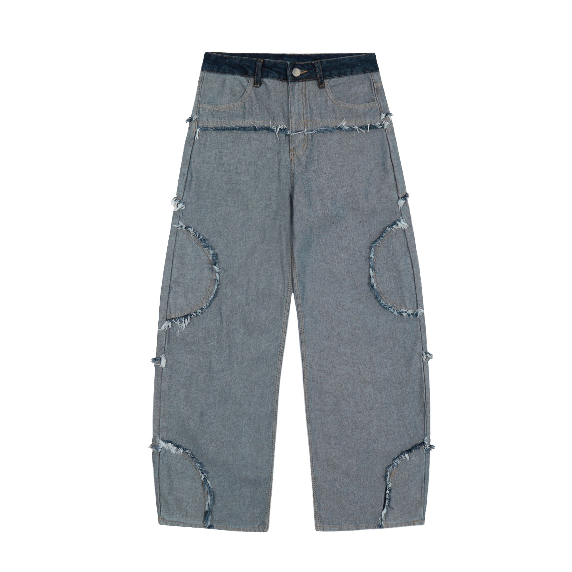 Dark Navy Waistband Raw Edge Arc Cutout Wide Leg Jeans - Grey Blue Back Detail